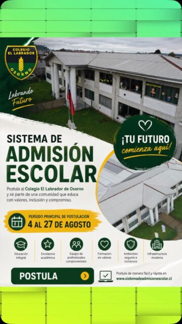 Elegir un colegio es elegir el futuro de tus hijos. Durante el Período Principal de Postulación SAE, del 4 al 27 de agosto, te esperamos en Colegio El Labrador de Osorno con especialistas e infraestructura para apoyarte. Conoce nuestra comunidad educativa. Colegio El Labrador de Osorno... Labrando Futuro.