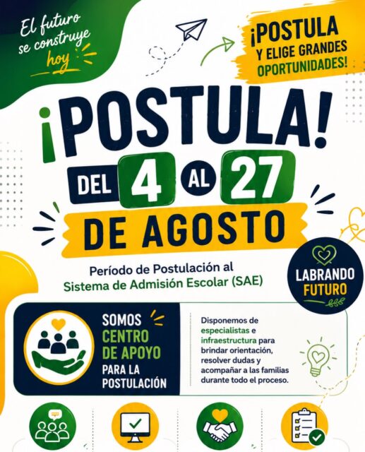 ¡Aún estás a tiempo de postular!

El Sistema de Admisión Escolar (SAE) mantiene abierto su período de postulación del 4 al 27 de agosto.

En Colegio El Labrador de Osorno queremos acompañar a las familias en este importante proceso. Por eso, somos Centro de Apoyo para la Postulación, poniendo a disposición especialistas e infraestructura para orientar, resolver dudas y ayudarte paso a paso.

📅 Postulaciones hasta el 27 de agosto
🤝 Orientación y apoyo personalizado
💻 Infraestructura disponible
👥 Especialistas para acompañarte durante el proceso

Juntos construimos mejores oportunidades para nuestros niños y niñas.

Colegio El Labrador de Osorno
Labrando Futuro

#ColegioElLabrador #LabrandoFuturo #SAE2026 #AdmisiónEscolar #PostulaciónSAE Osorno Educación