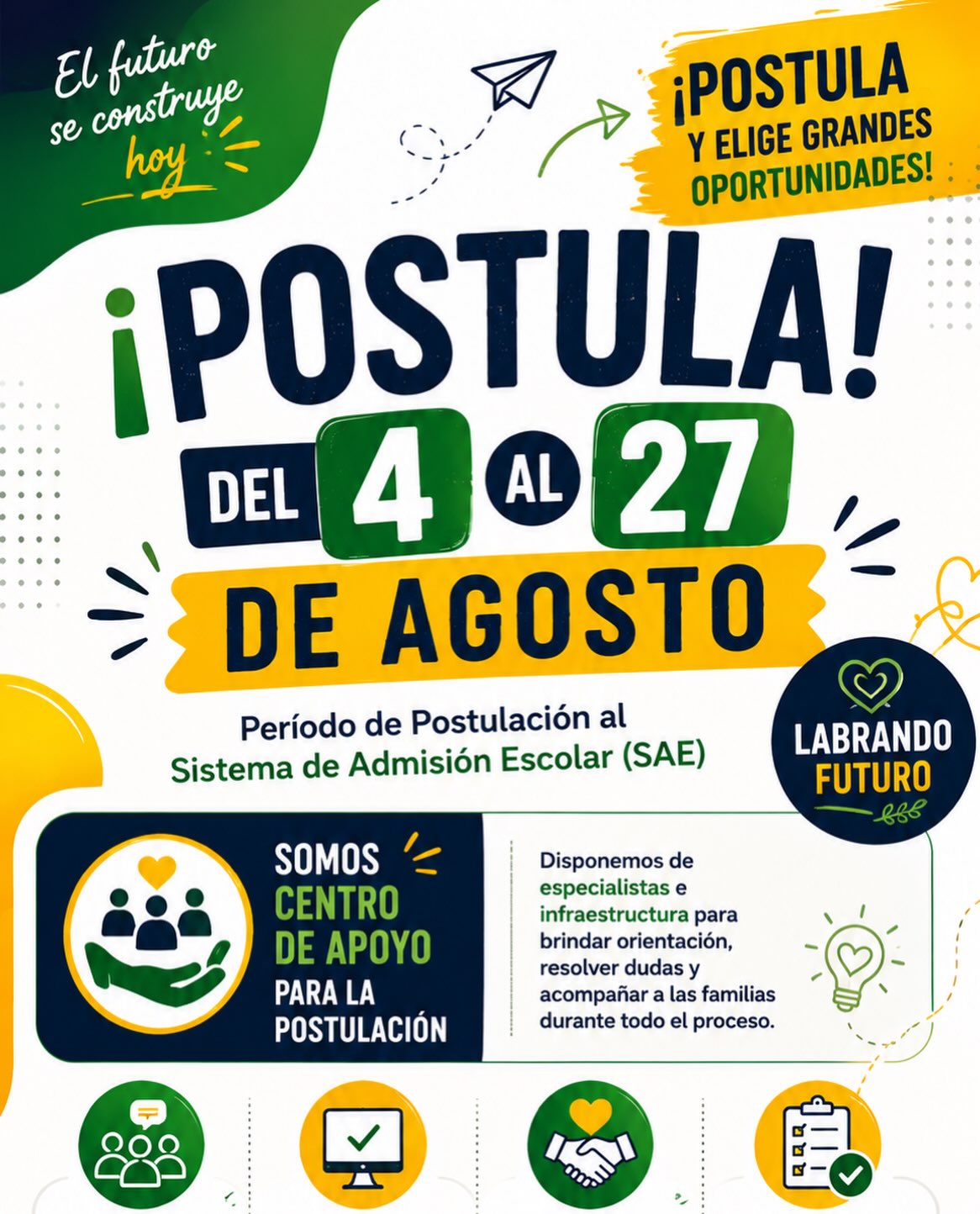¡Aún estás a tiempo de postular!

El Sistema de Admisión Escolar (SAE) mantiene abierto su período de postulación del 4 al 27 de agosto.

En Colegio El Labrador de Osorno queremos acompañar a las familias en este importante proceso. Por eso, somos Centro de Apoyo para la Postulación, poniendo a disposición especialistas e infraestructura para orientar, resolver dudas y ayudarte paso a paso.

📅 Postulaciones hasta el 27 de agosto
🤝 Orientación y apoyo personalizado
💻 Infraestructura disponible
👥 Especialistas para acompañarte durante el proceso

Juntos construimos mejores oportunidades para nuestros niños y niñas.

Colegio El Labrador de Osorno
Labrando Futuro

#ColegioElLabrador #LabrandoFuturo #SAE2026 #AdmisiónEscolar #PostulaciónSAE Osorno Educación