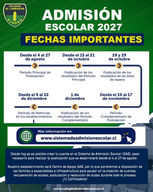 ¡Proceso de Admisión Escolar!

La próxima etapa de postulación se realizará del 4 al 27 de agosto.

En nuestro establecimiento seremos Centro de Apoyo para la Postulación al Sistema de Admisión Escolar (SAE), poniendo a disposición de las familias a especialistas e infraestructura para entregar orientación durante todo el proceso.

Si necesitas crear tu cuenta, recuperar acceso, realizar tu postulación o resolver dudas sobre el Sistema de Admisión Escolar, nuestro equipo estará disponible para brindarte un apoyo cercano y personalizado.

¿En qué podemos ayudarte?

* Creación de cuentas en la plataforma SAE.
* Orientación para completar la postulación.
* Resolución de consultas sobre el proceso.
* Apoyo durante todas las etapas de la postulación.

Te invitamos a acercarte a nuestro establecimiento. Estamos comprometidos con acompañar a cada familia para que realice su postulación de manera informada, segura y sin inconvenientes.