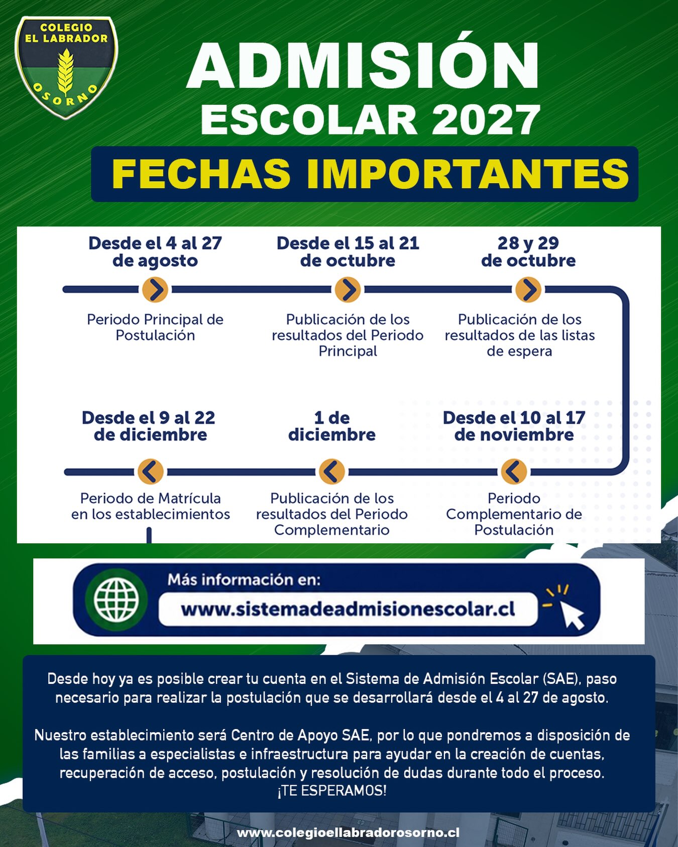 ¡Proceso de Admisión Escolar!

La próxima etapa de postulación se realizará del 4 al 27 de agosto.

En nuestro establecimiento seremos Centro de Apoyo para la Postulación al Sistema de Admisión Escolar (SAE), poniendo a disposición de las familias a especialistas e infraestructura para entregar orientación durante todo el proceso.

Si necesitas crear tu cuenta, recuperar acceso, realizar tu postulación o resolver dudas sobre el Sistema de Admisión Escolar, nuestro equipo estará disponible para brindarte un apoyo cercano y personalizado.

¿En qué podemos ayudarte?

* Creación de cuentas en la plataforma SAE.
* Orientación para completar la postulación.
* Resolución de consultas sobre el proceso.
* Apoyo durante todas las etapas de la postulación.

Te invitamos a acercarte a nuestro establecimiento. Estamos comprometidos con acompañar a cada familia para que realice su postulación de manera informada, segura y sin inconvenientes.