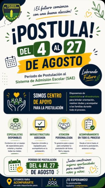 Proceso de Admisión Escolar SAE 2026
Postulaciones: del 4 al 27 de agosto

¿Necesitas ayuda para realizar la postulación?
Somos Centro de Apoyo a la Postulación SAE. Contamos con especialistas e infraestructura para orientar y apoyar a las familias durante el proceso.